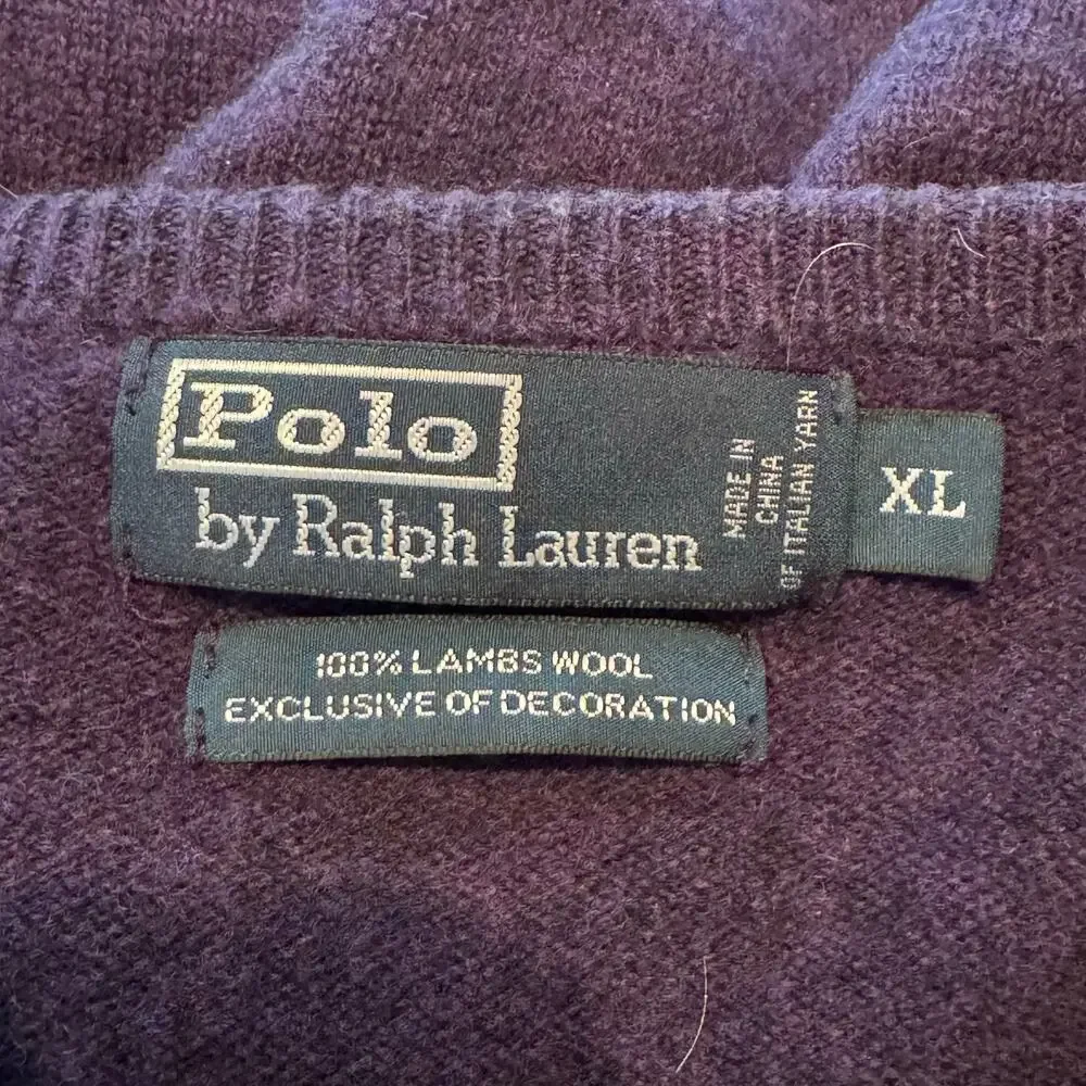 Vintage Polo Ralph Lauren 100% Lambs Wool Purple V-Neck Sweater Green Pony